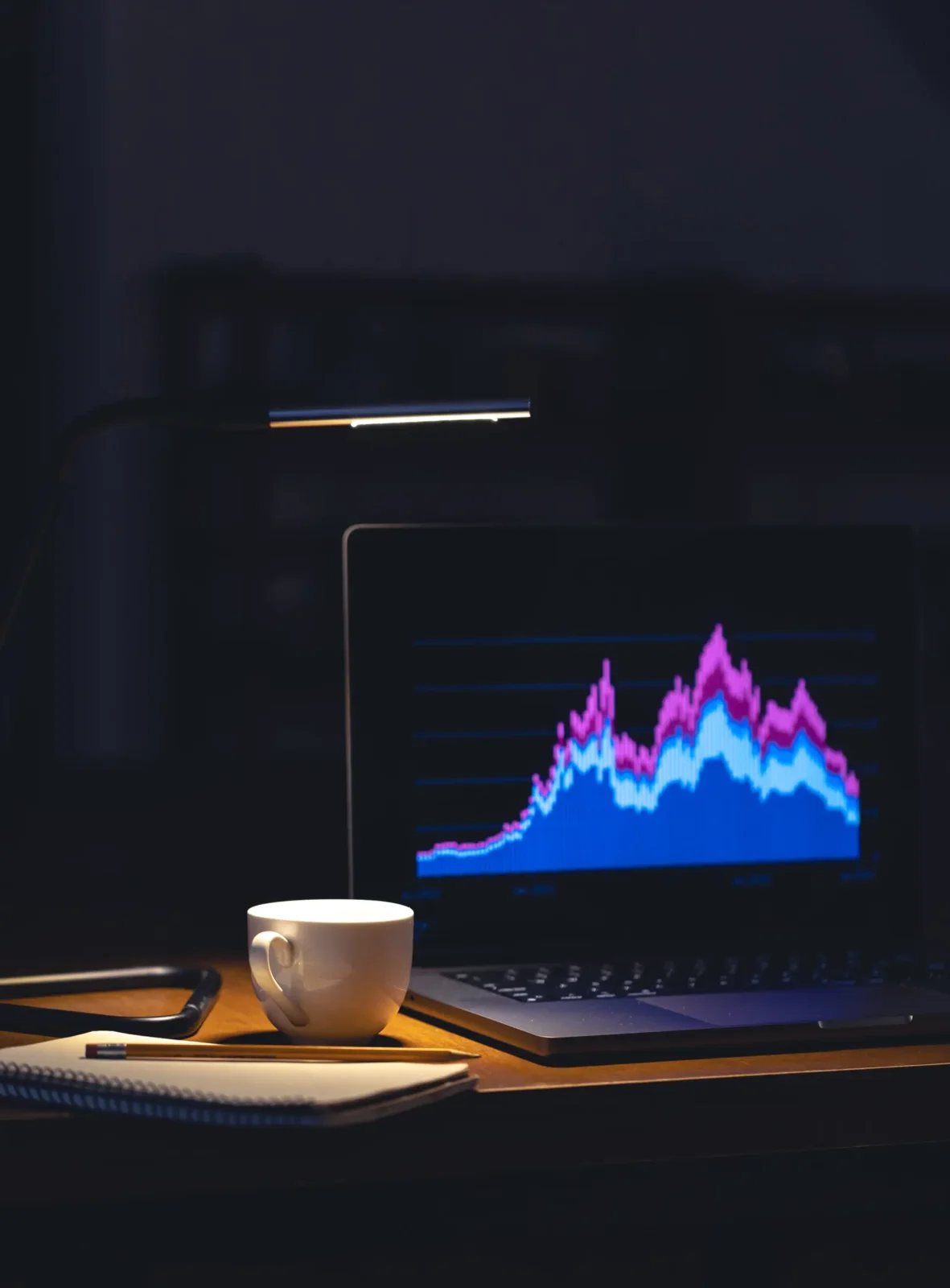 Equity market performance chart on laptop screen beside coffee cup and notebook in dimly lit office.
