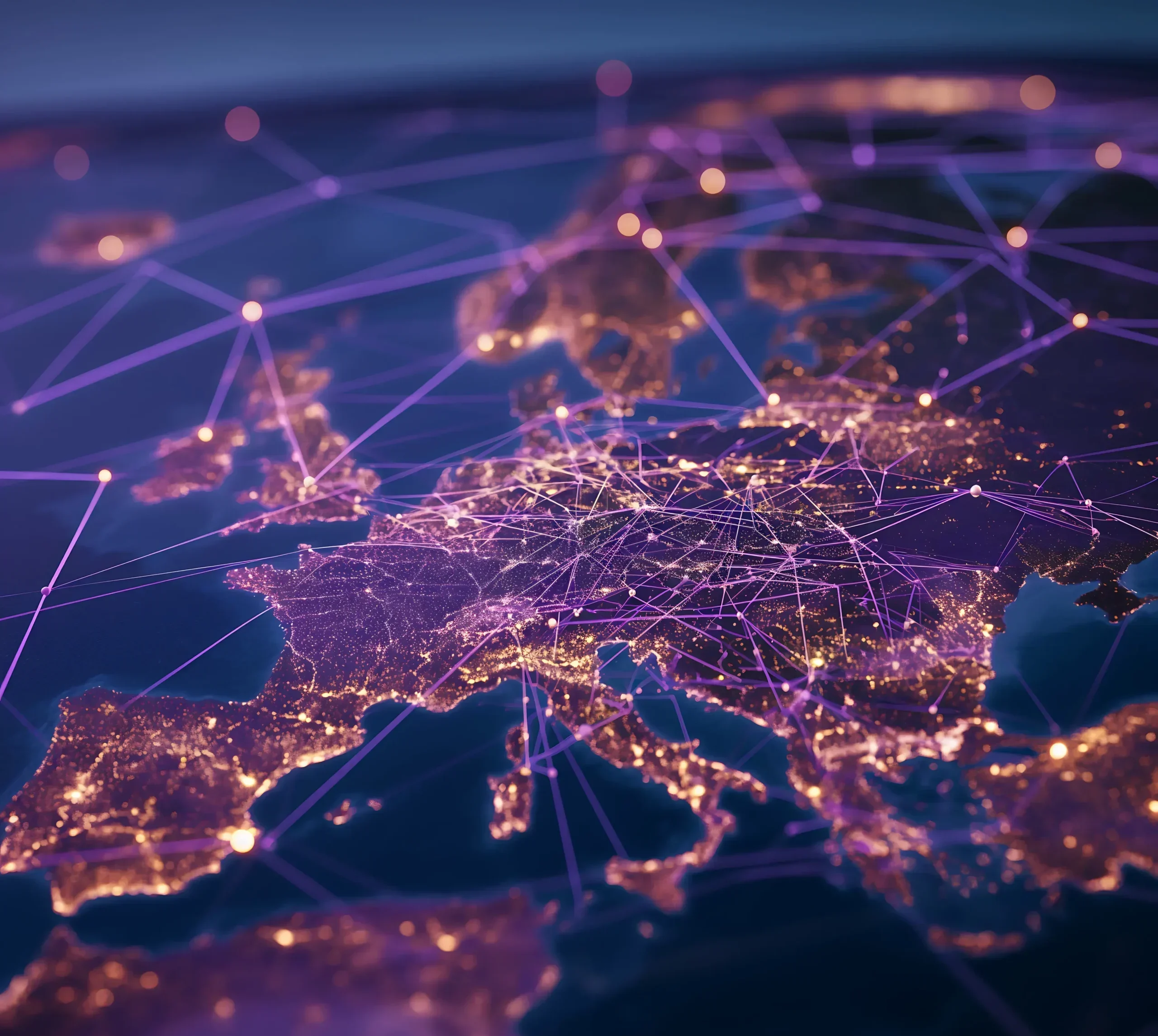 Night-time European map with glowing city lights and network lines symbolising interconnected global markets.