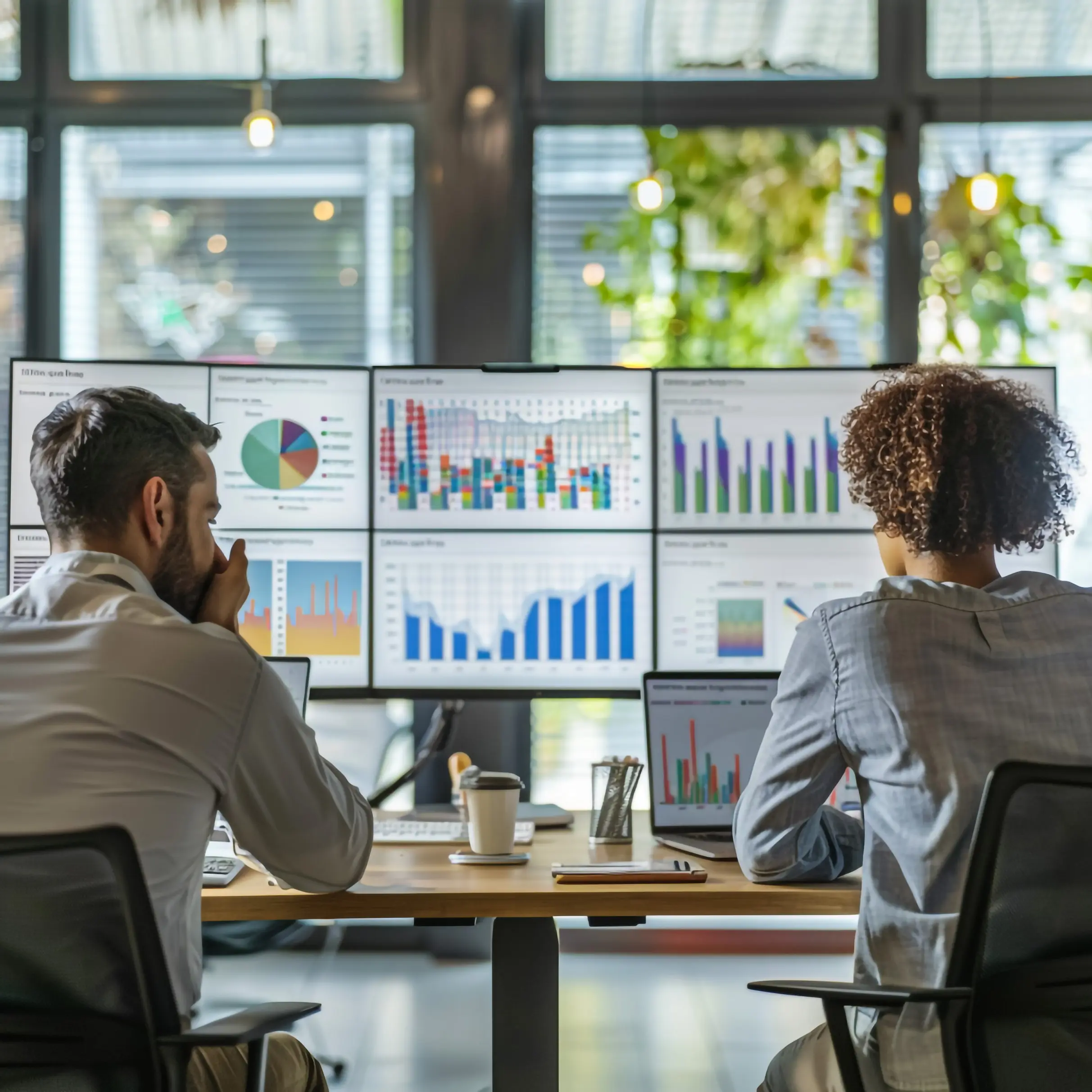 Investment analysts reviewing multi-screen dashboards of global equity and macro data in collaborative research session.