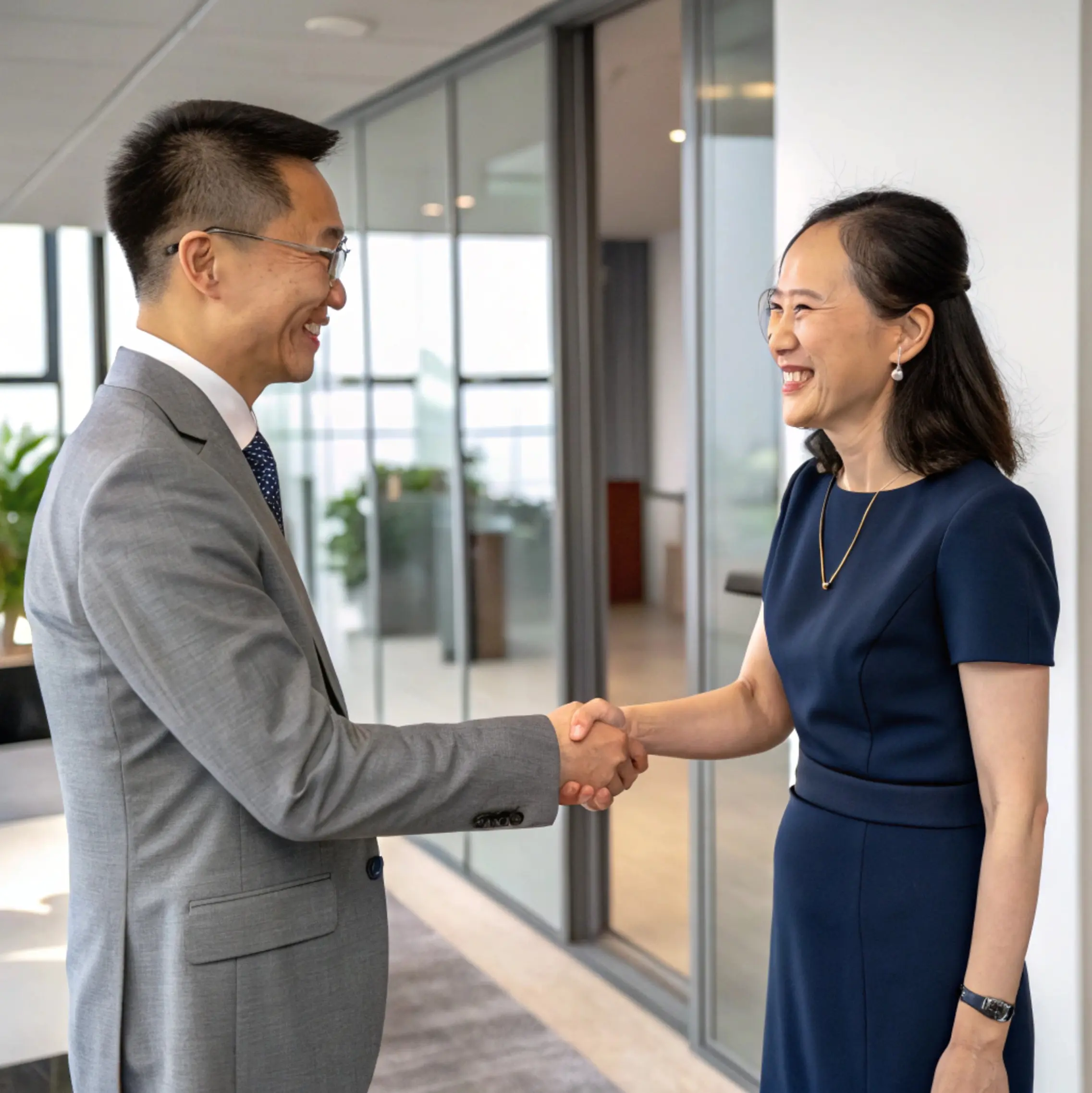 Senior investment professionals greeting each other with handshake in modern Singapore office corridor.