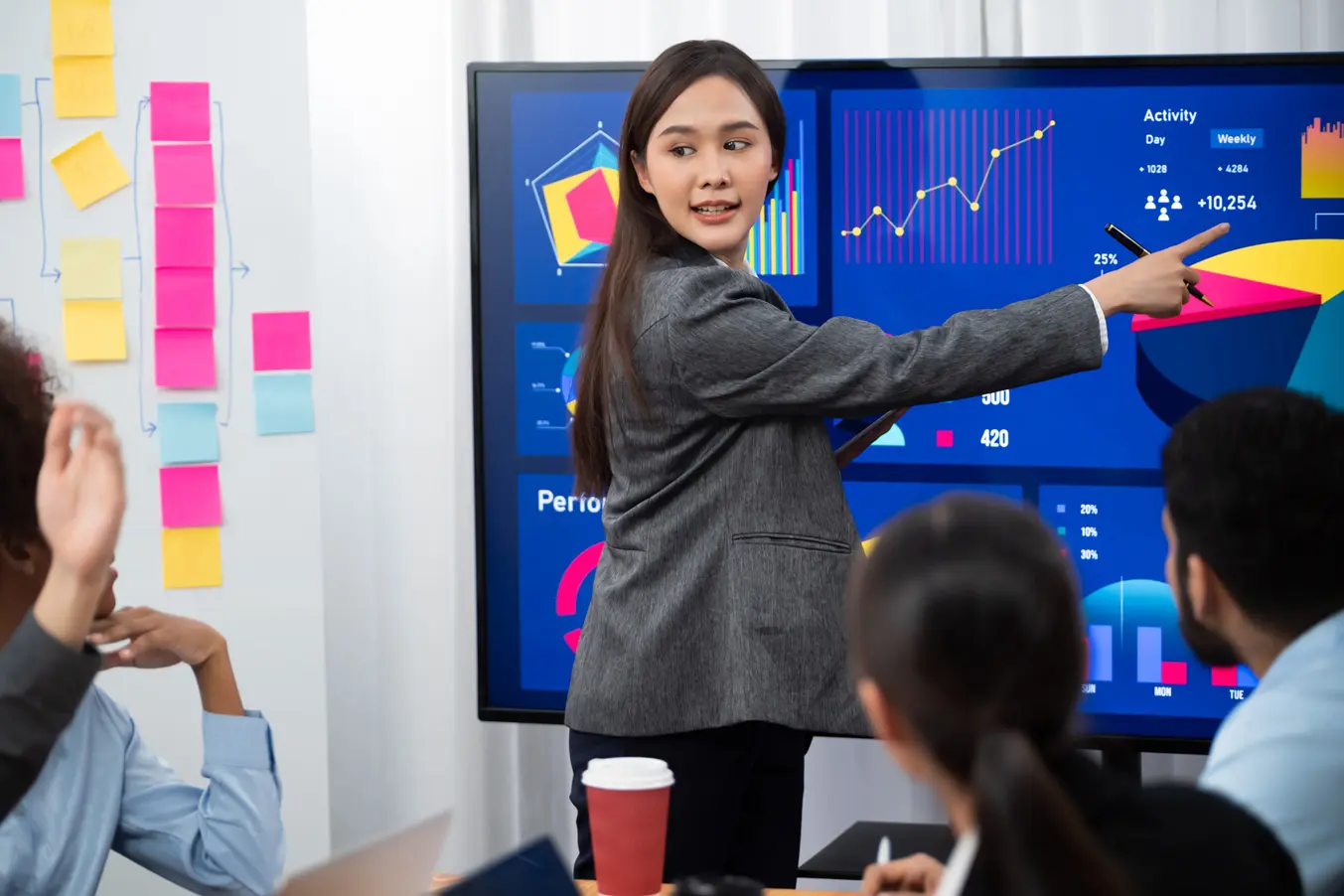 Investment strategist presenting performance dashboards on large screen to team during portfolio review workshop.
