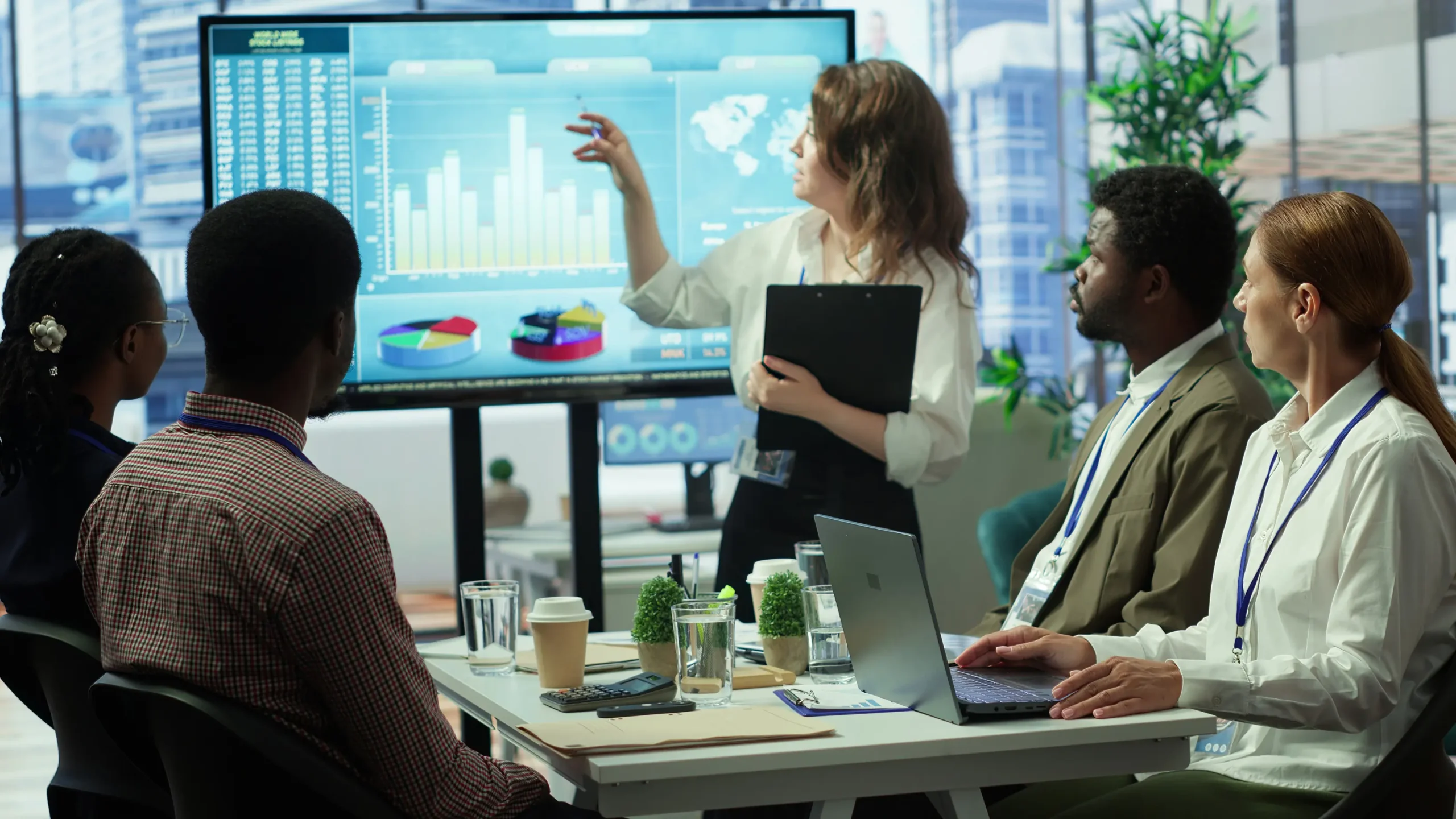 Investment strategist presenting performance dashboards on large screen to diverse team in meeting room.